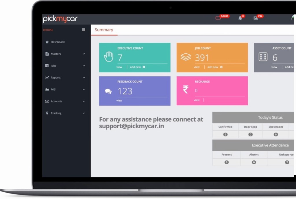 Pick My Car web portal dashboard with jobs, executives, feedback, and today's test drive status