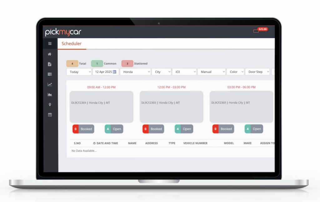 Pick My Car Scheduler on laptop: time slots, vehicle filters, booked and open slots for test drives
